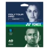 Yonex PolyTour Pro Comfort tennis string packaging showing a woman's portrait on blue and a man's portrait on green, 1.15 mm gauge.