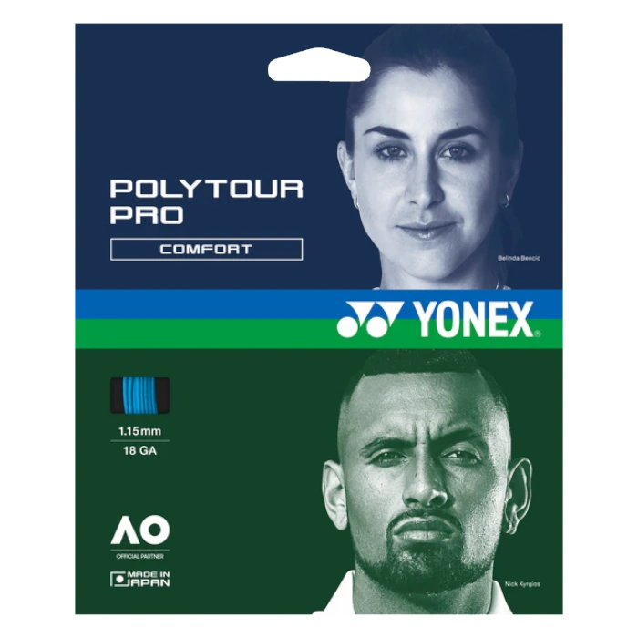 Yonex PolyTour Pro Comfort tennis string packaging showing a woman's portrait on blue and a man's portrait on green, 1.15 mm gauge.