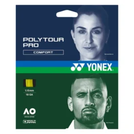 Yonex Poly Tour Pro Comfort tennis string packaging showing a blue/green split design with brand logo, and portraits; includes text 'Poly Tour Pro Comfort' and 'Yonex' with gauge '1.15 mm 18 GA' and 'Made in Japan'.