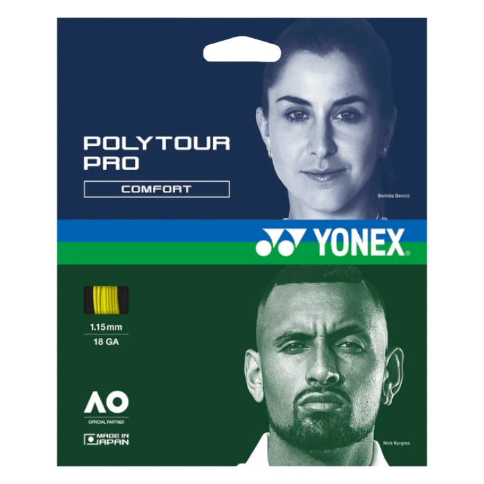 Yonex Poly Tour Pro Comfort tennis string packaging showing a blue/green split design with brand logo, and portraits; includes text 'Poly Tour Pro Comfort' and 'Yonex' with gauge '1.15 mm 18 GA' and 'Made in Japan'.