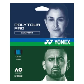 Yonex Poly Tour Pro Comfort overgrip packaging with a woman's portrait on blue and a man's portrait on green, Yonex branding visible