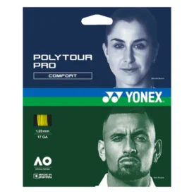 Product packaging for Yonex Poly Tour Pro Comfort tennis strings, showing a female portrait above a male portrait, Yonex logo, and 1.20 mm (17 GA) specs.