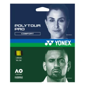 Yonex PolyTour Pro Comfort tennis string packaging featuring a woman’s portrait on a blue top half and a man’s portrait on a green bottom half, Yonex logo, and gauge details 1.25 mm / 16L GA.