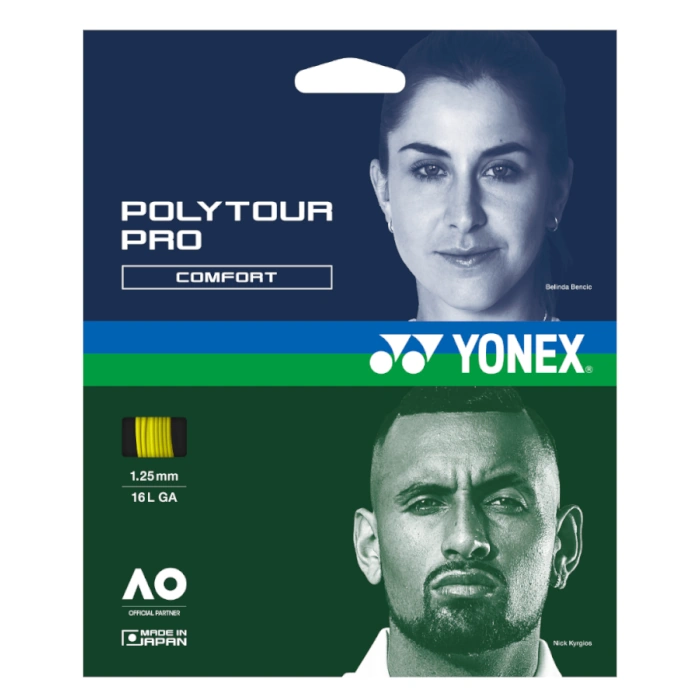 Yonex PolyTour Pro Comfort tennis string packaging featuring a woman’s portrait on a blue top half and a man’s portrait on a green bottom half, Yonex logo, and gauge details 1.25 mm / 16L GA.