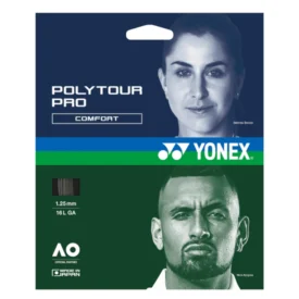 Yonex Poly Tour Pro Comfort badminton string packaging with blue top and green bottom, featuring a woman’s portrait and a male portrait, and the string gauge 1.25 mm (16 L GA).