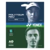 Poster advertising Yonex Poly Tour Rev Spin badminton strings, featuring two athlete portraits, blue top half and green bottom half with Yonex logo and text.