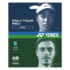 Poster advertising Yonex Poly Tour Rev Spin badminton strings, featuring two athlete portraits, blue top half and green bottom half with Yonex logo and text.