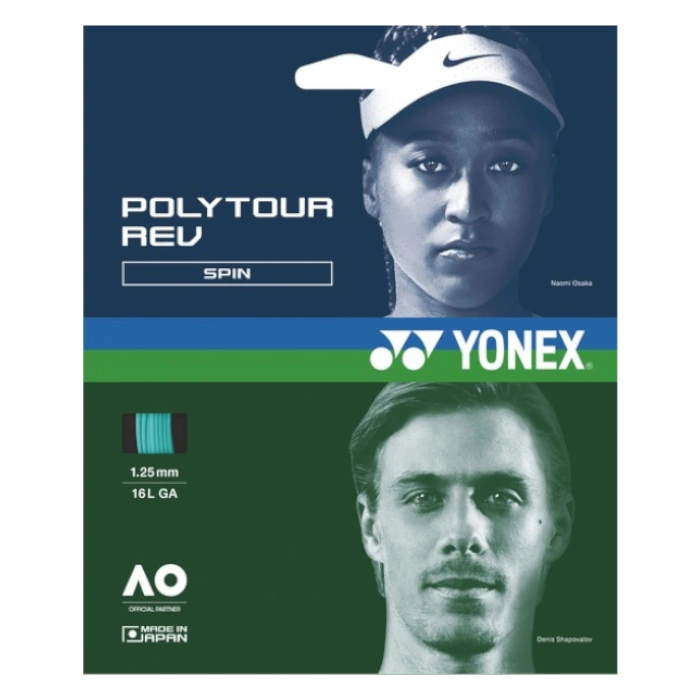 Poster advertising Yonex Poly Tour Rev Spin badminton strings, featuring two athlete portraits, blue top half and green bottom half with Yonex logo and text.