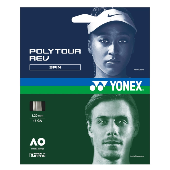 Yonex PolyTour Rev Spin poster featuring Naomi Osaka (top) and Denis Shapovalov (bottom) with Yonex branding.
